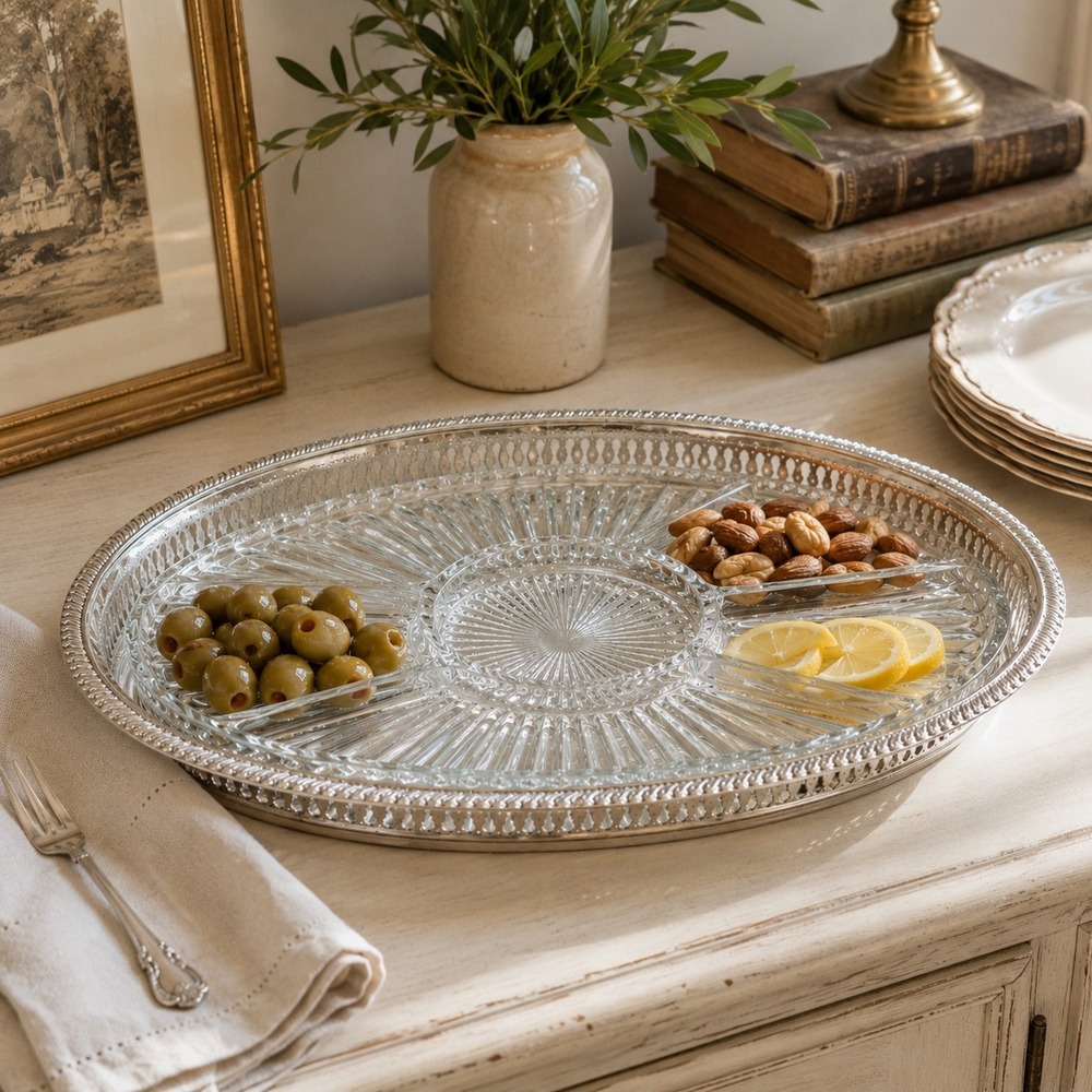 VTG Glass Relish Tray Silver Tone Serving Platter Oval Divided Appetizer Dish